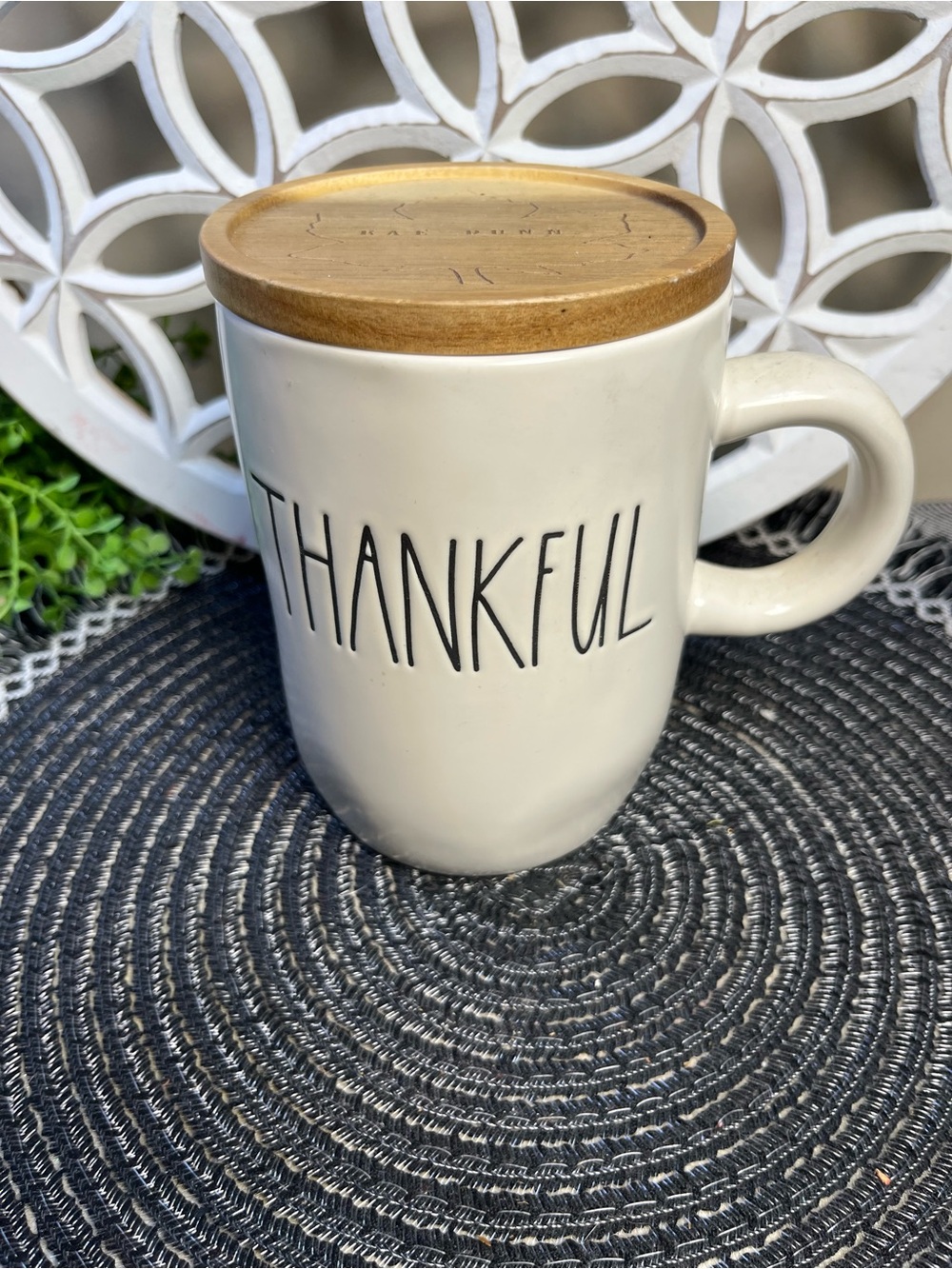 Rae Dunn White Ceramic 'THANKFUL' Mug with Wood Lid